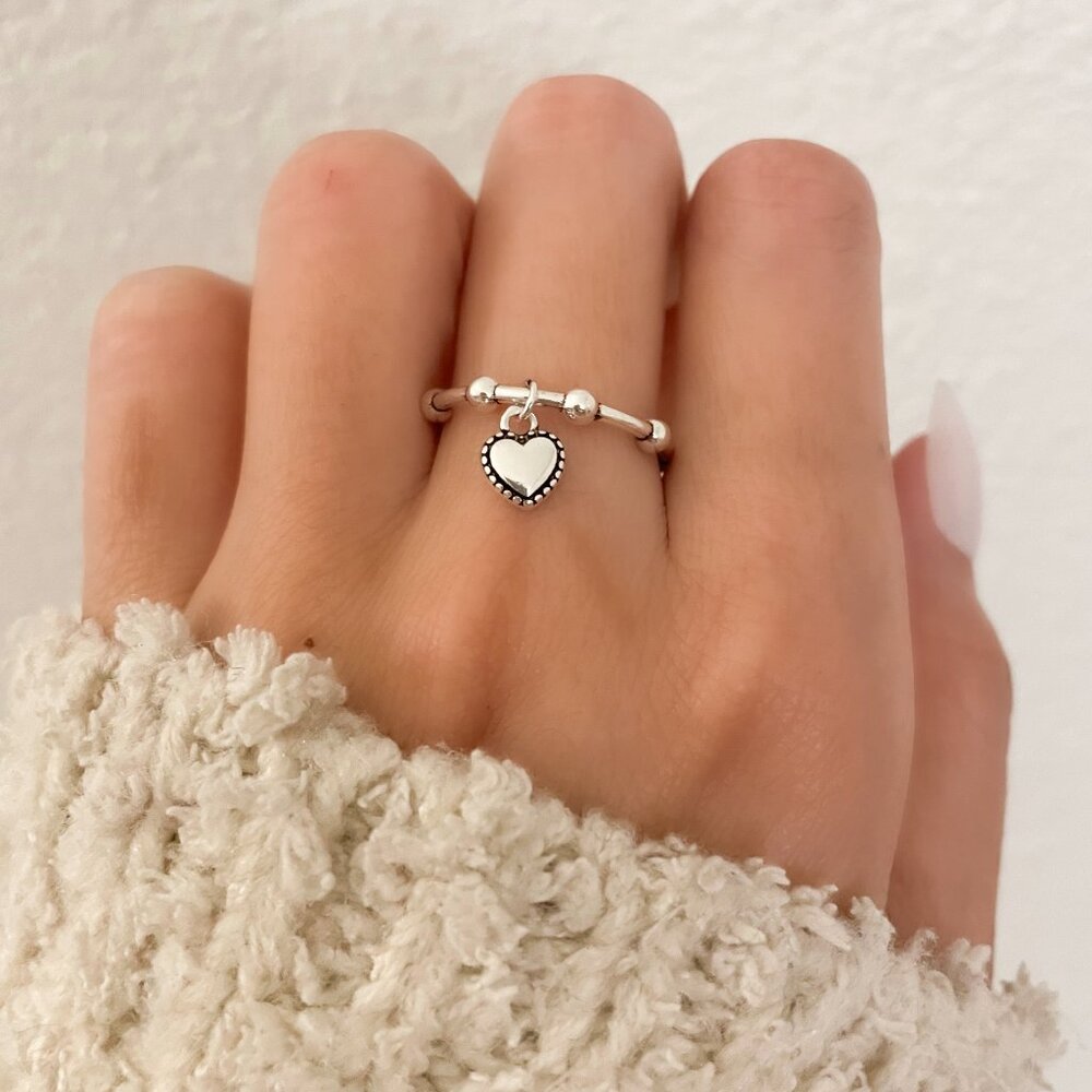 925 Sterling Silver Minimalist Ring Dainty Ring Dangle Heart Ring - Picture 2 of 8